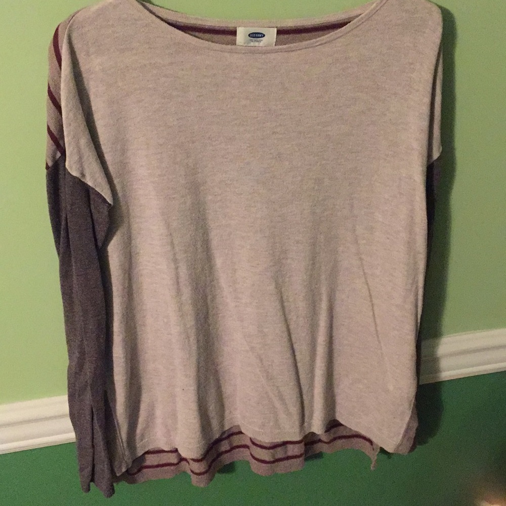 Cream, grey, and maroon striped top